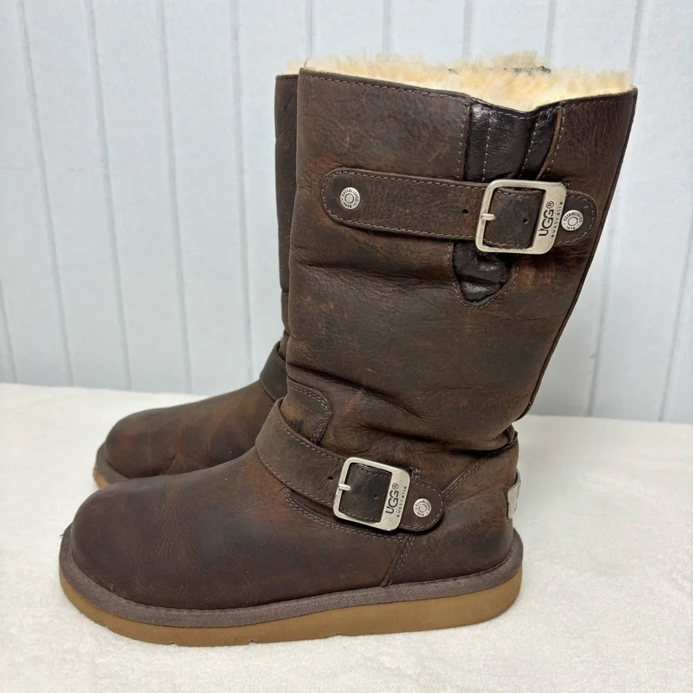 UGG Brown‎ Chocolate Leather Boots with Buckle Size 5